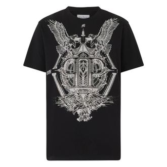 Philipp Plein Tops, Heren, Zwart, XL, Katoen, Round Neck T-Shirt Eagles Stones