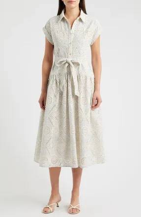 ZOE AND CLAIRE Stripe Eyelet Tie Waist Midi Dress in Cream at Nordstrom, Size X-Small