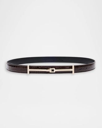 Tom Ford Double T Crocodile-Embossed Leather Belt