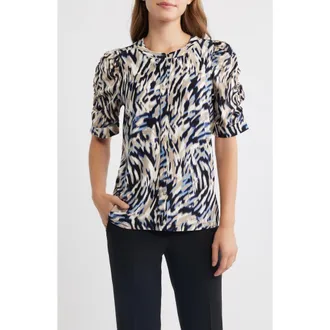 Anne Klein Print Puff Sleeve Jersey Top in Dutch Blue Multi at Nordstrom, Size X-Large