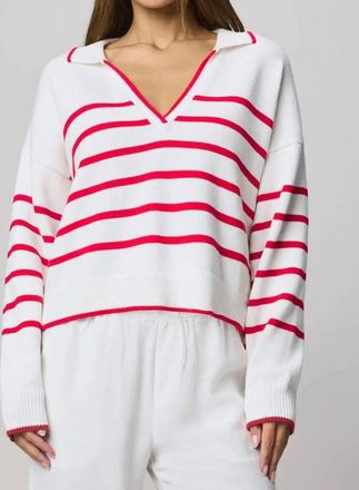 Splendid Arden Stripe Polo Sweater In White/rouge