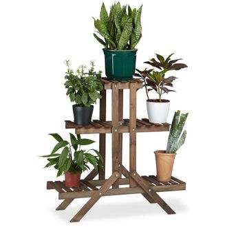 Relaxdays Relaxdays - Flower Ladder Rack with 3 Tiers, Wooden, Flower Stand for Indoors, Multi-Tier, HxWxD: ca 82.5 x 83 x 28.5 cm, Light Brown