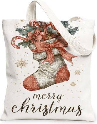 Generic Christmas Stocking Canvas Tote Bags, Holiday Design Reusable Shopping Bags, Vintage Linen Lightweight Washable Shoulder Str, White, 13x15 Inch