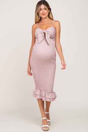 Pinkblush Gingham Print Smocked Fitted Self-Tie Midi Dress in Mauve at Nordstrom, Size Medium