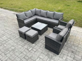 Fimous 10 Seater Outdoor Garden Furniture Set Wicker PE Rattan Corner Sofa Set with Square Coffee Table 2 Small Footstools 2 Armchairs in Dark Grey