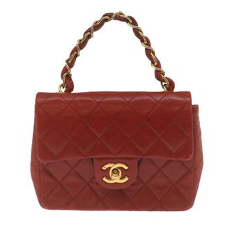 Chanel Vintage Square Chain Handle Flap Bag Quilted Lambskin Red Leather Handbag (Pre-Owned)