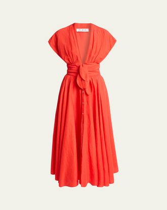 Alaia Plunging Belted Linen Midi Dress