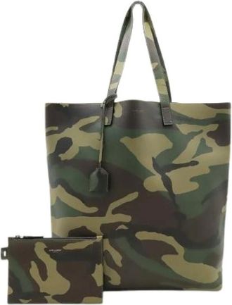 Saint Laurent Pre-owned Tote Bags, female, Green, Size: ONE SIZE Pre-owned Paris Camouflage Leather Tote Bag