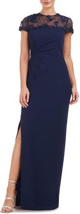 JS Collections Laney Rosette Embroidered Mesh Yoke Sheath Gown in Navy at Nordstrom Rack, Size 12