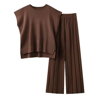 Generic 2 Piece Outfits Co Ord Sets for Women Sweater Sets LoungeSilk Feel Oversized Casual Short Sleeve Knit Pullover Oversized T Shirts Tops Wide Leg Pants 
