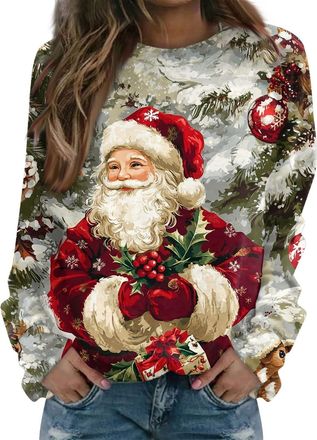 Generic Christmas Jumper 2025 Christmas Jumpers for Women Uk Womens Jumpers Sweatshirt Shirts Funny Santa Snowflake Reindeer Snowman Print Round Neck Long Sle