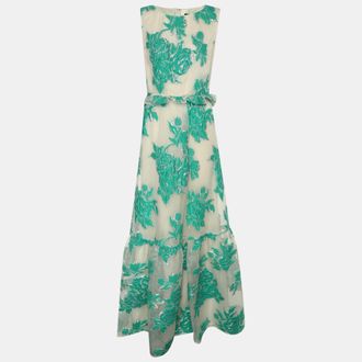 Roberto Cavalli White/green Tulle Embroidered Maxi Dress