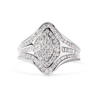 House of Brilliance 14K White Gold 3/4 Cttw Round and Baguette cut Diamond Cluster Ring (H-I Color, I1-I2 Clarity)