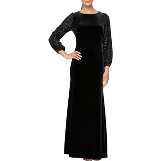 Alex Evenings Mixed Media Sequin & Velvet Long Sleeve Gown in Black at Nordstrom Rack, Size 8