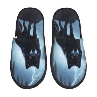 Generic Fluffy Slippers Night Scene Of Wolves Reusable House Slippers Warm House Shoes For Room Ladies Holiday L