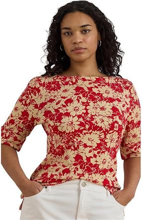 Lauren Ralph Lauren Plus Size Floral Stretch Cotton Boatneck T-Shirts Womens Clothing Red/Tan : 2X, Cotton/Elastane