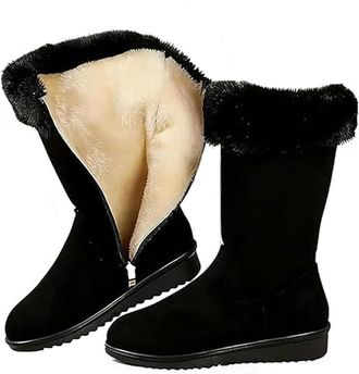 Generic Womens Soft Warm Fur Lining Casual Long Boots, Casual Non Slip Mid Calf Snow Boots with Side Zipper, Suede Snow Booties for Winter (Black,8.5)