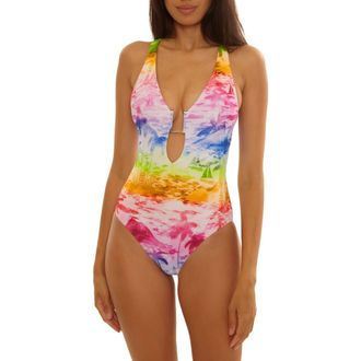 BECCA by Rebecca Virtue Fiji Plunge Neck One-Piece Swimsuit in Pink Multi at Nordstrom, Size Medium