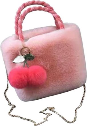 Generic Womens Plush Bags Women Handbags Winter Furry Ladies Soft Plush Clutch Purse Shoulder Bags Female Cherry Pendant Messenger Bag(Pink)