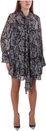 Michael Kors Kleedjes, Dames, Zwart, S, Leer, Metallic Paisley Georgette Jurk met Strik in de Hals