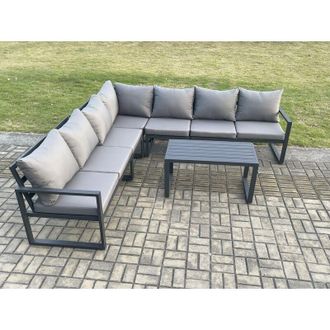 Fimous Fimous Aluminium Patio Outdoor Garden Furniture Lounge Corner Sofa Set with Oblong Coffee Table Dark Grey