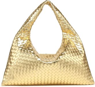 Generic Compatible For Large Ladies Underarm Bag Cross-Border Woven Dumpling Shape Soft Polyester Lining Zipper Closure Daily Use(Gold)