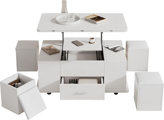 STILVORA Mesa De Centro Elevable Con 1 Caj&oacute;n Y 4 Taburetes Con Almacenaje, Doble Tapa Hidr&aacute;ulica, Estilo Moderno, En Tablero De Part&iacute;culas, Blanco