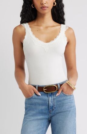 Open Edit Lace Trim Ribbed Tank in Ivory at Nordstrom, Size Xx-Small