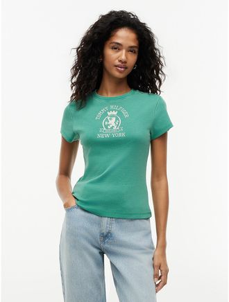 Tommy Hilfiger Womens Slim Fit Garment-Dyed Crest Logo T-Shirt - Green - XL
