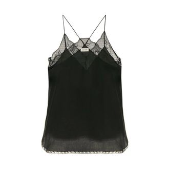 Zadig&Voltaire Tops, Dames, Zwart, S, Zwarte Zijden Camisole Top met Kant