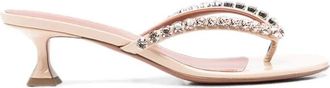 Amina Muaddi Crystal-Embellished Thong Kitten Heel - female - Amina Muaddi - Heeled Mules - Pink - 4 UK - Shoes