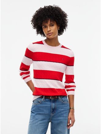 Tommy Hilfiger Womens Rugby Stripe Cable Knit Sweater - Pink/Red Stripe - XXL