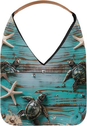 Generic Sea Turtle Blue Wooden Board Reusable Lightweight Grocery Bags - Foldable Into Compact Pouch, Washable & Sturdy, Multipurpose for Shopping and Travel