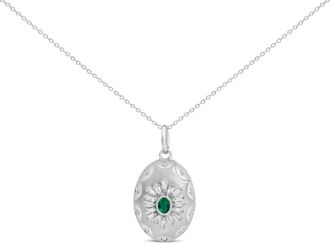 House of Brilliance Sterling Silver Created Emerald and 1/2 Cttw Diamond Sunburst Medallion Pendant Necklace