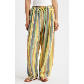 Free People Chambers Stripe Drawstring Linen & Cotton Pants in Butter Yellow Combo at Nordstrom, Size X-Small