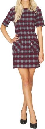 Papillon Patch Pockets Short Sleeve Dress In Wine Plaid