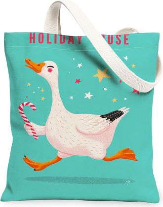 Generic Holiday Goose Canvas Tote Bags, Cute Bird Pattern Reusable Grocery Bags, Winter Festive Lightweight Washable Shoulder Strap, Aqua, 13x15 Inch