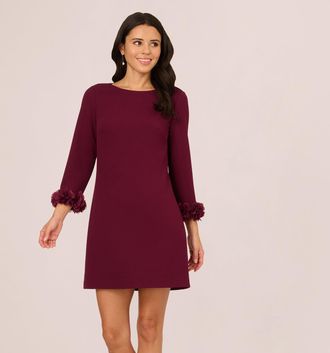 Adrianna Papell Three Quarter Sleeve Shift Dress With Floral Embellished Cuffs In Cabernet