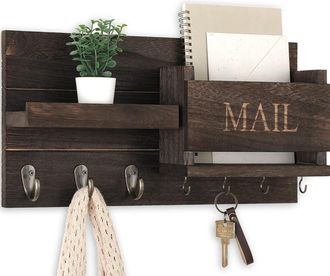 No Brand Organizador De Correo De Pared - Soporte Para Llaves Con Estante - Soporte Para Cartas Y Ganchos - Madera R&uacute;stica - Decoraci&oacute;n De Casa De Campo - Pasi