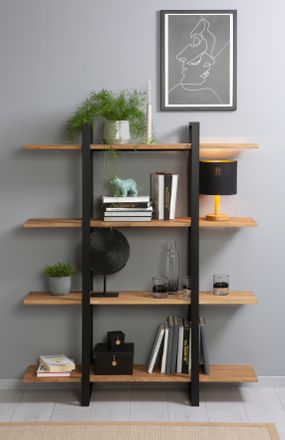 HOME AFFAIRE Bücherregal »Krystian Regal« Gesamtmasse B/T/H: 120/29/149, Raumteiler, Ablagen aus Eichenholz, Gestell aus robustem Metall