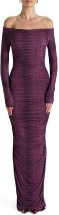 Naked Wardrobe Ruched Off the Shoulder Long Sleeve Maxi Dress in Dark Plum Crocodile at Nordstrom Rack, Size X-Small