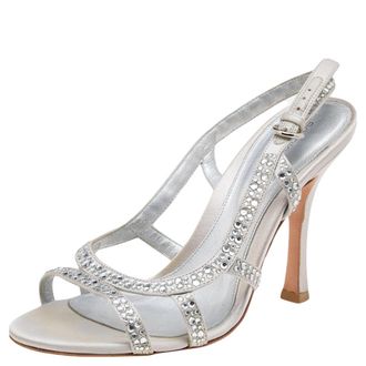 Sergio Rossi Silver Satin Crystal Embellished Slingback Sandals