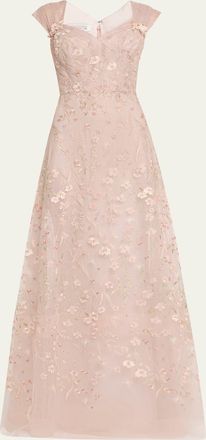 Teri Jon Floral-Embroidered Tulle Gown