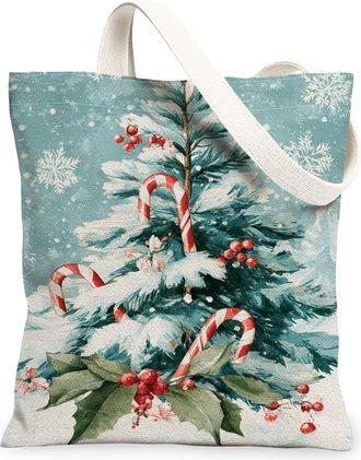 Generic Christmas Canvas Tote Bags, Festive Holiday Tree Design Reusable Shopping Bags, Rustic Winter Floral Lightweight Washable S, Blue, 13x15 Inch