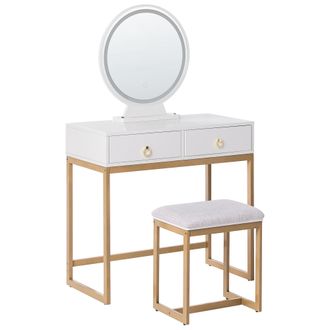 Beliani Tocador Led Blanco Dorado Beige 76 X 40 Cm Mdf 4 Cajones Espejo Taburete Auxon