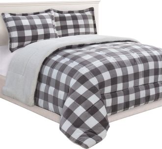 Elegant Comfort 3-Piece Buffalo Micro-Suede Reversible Sherpa - Lodge-Plaid Pattern Comforter Set