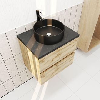 Aurlane Aurlane - Mueble De Ba&ntilde;o 60cm Roble Natural 2 Cajones Y Encimera Efecto M&aacute;rmol Negro + Lavabo Redondo Negro