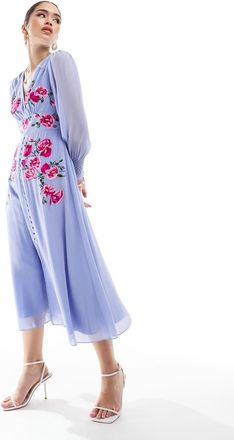 Hope & Ivy Vestito midi a maniche lunghe lilla con bottoni sul davanti e ricami-Viola