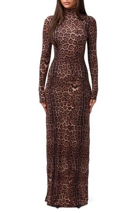 Naked Wardrobe Leopard Print Long Sleeve Body-Con Maxi Dress in Brown Leopard at Nordstrom, Size X-Small