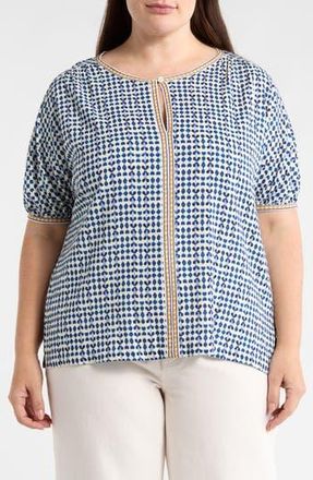 Max Studio Keyhole Elbow Sleeve Top in Natural/Blues Ikat Stamps at Nordstrom Rack, Size 2X